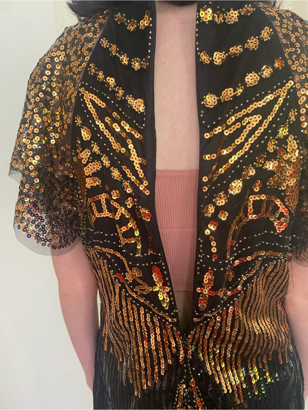 Size Small 1920s Flapper Black & Gold Sequin Fringe Midi Dress party Halloween - Picture 13 of 14